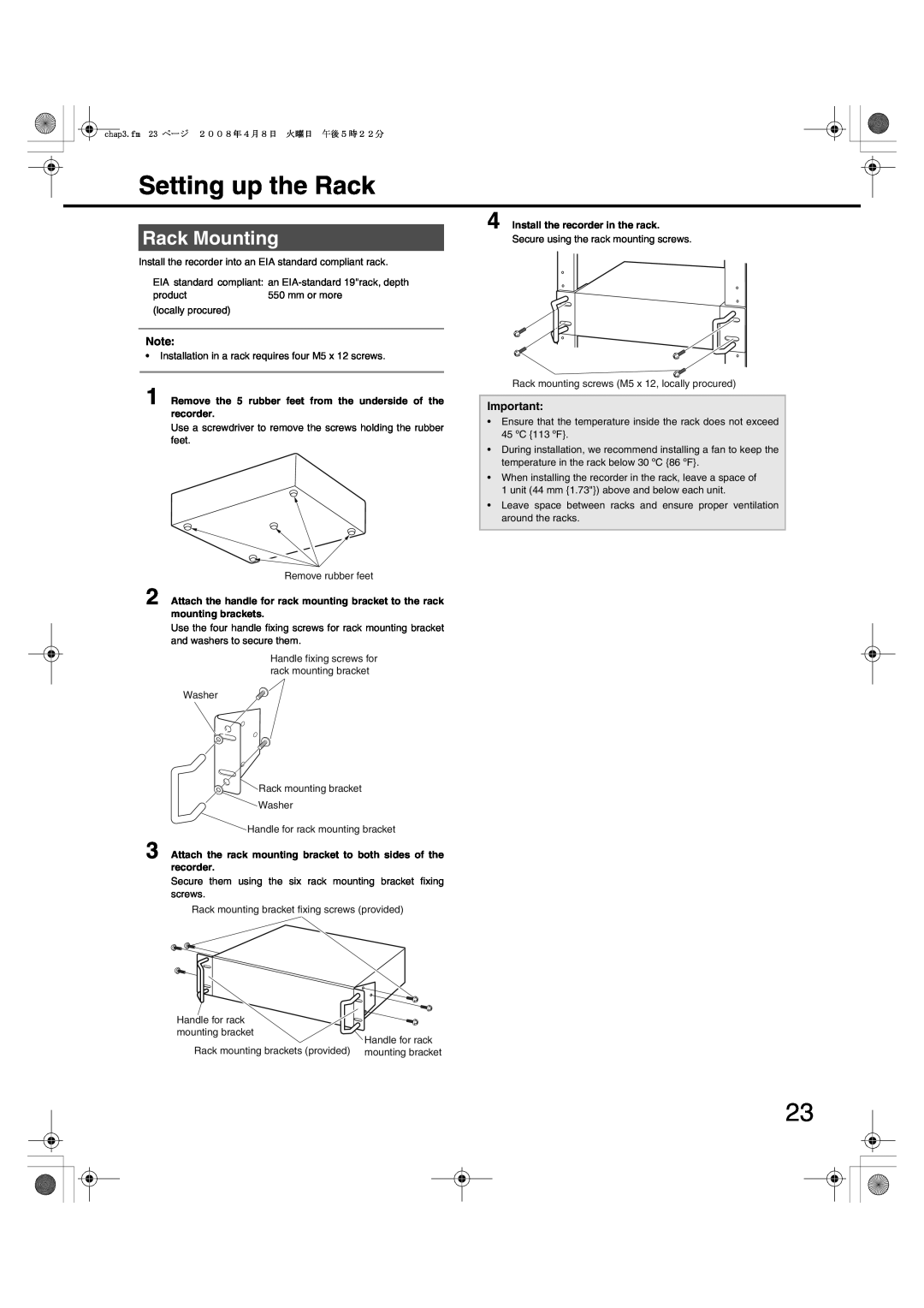 Panasonic WJ-ND400 manual Setting up the Rack, Rack Mounting, Remove rubber feet, Washer Rack mounting bracket Washer 