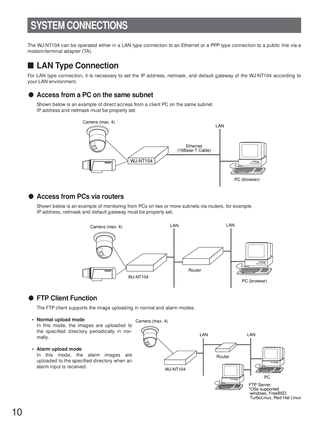 Panasonic WJ-NT104 System Connections, LAN Type Connection, Access from a PC on the same subnet, FTP Client Function 