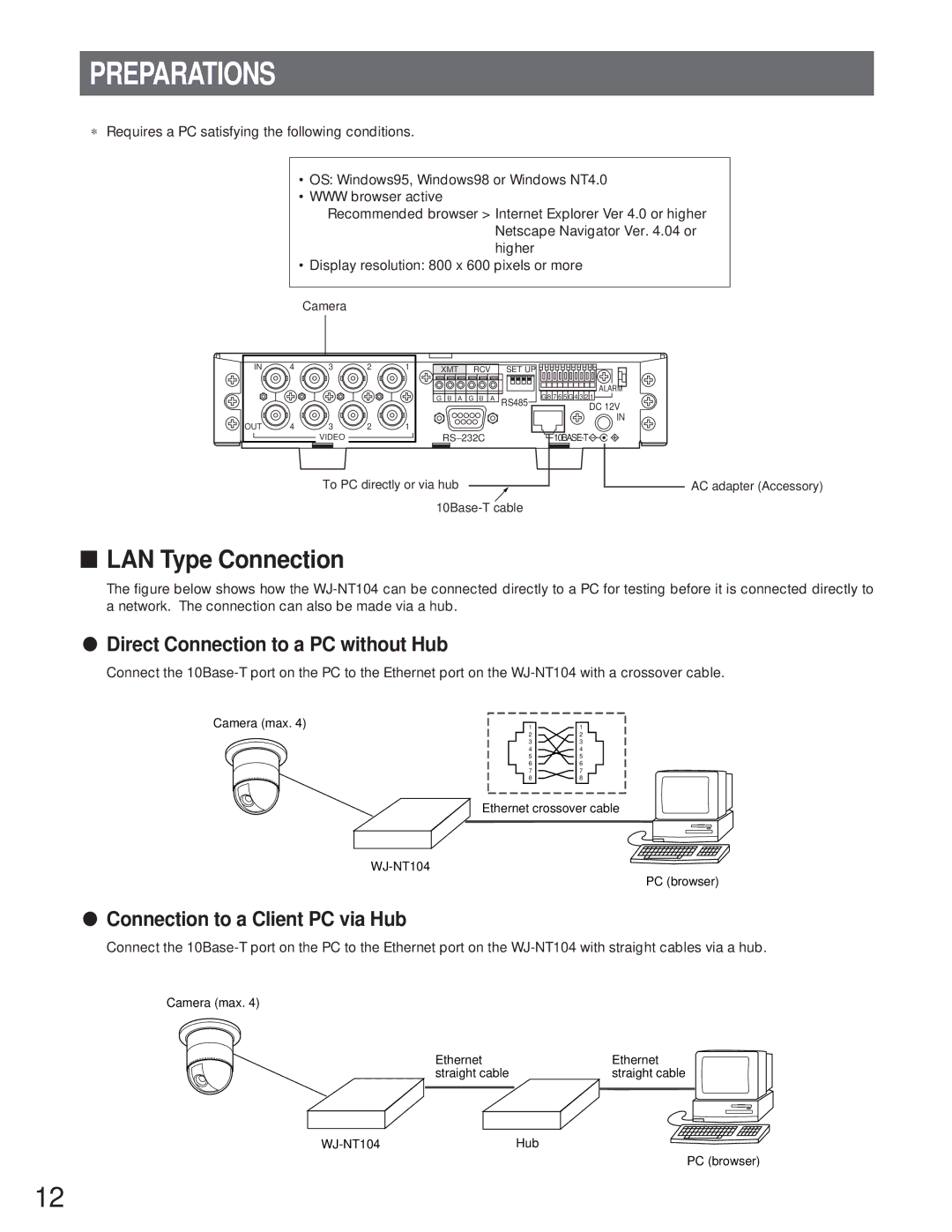 Panasonic WJ-NT104 Preparations, Direct Connection to a PC without Hub, Connection to a Client PC via Hub 