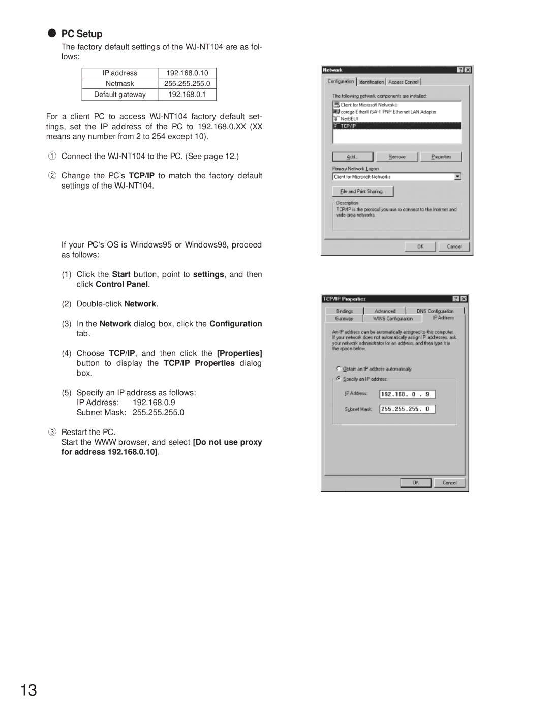 Panasonic WJ-NT104 operating instructions PC Setup 