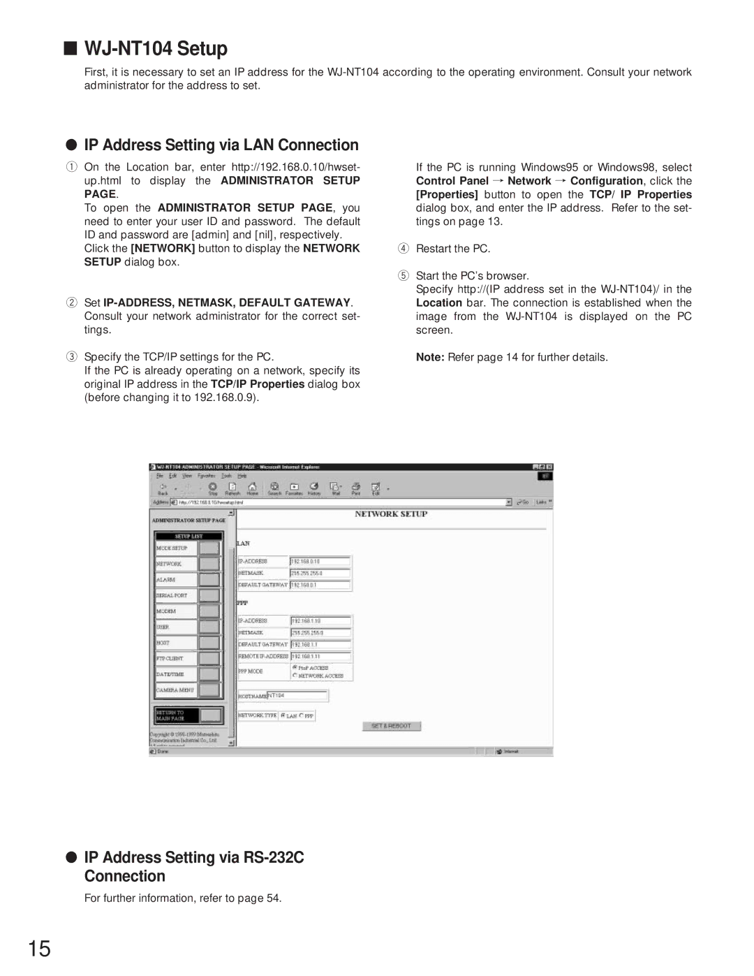 Panasonic WJ-NT104 Setup, IP Address Setting via LAN Connection, IP Address Setting via RS-232C Connection 