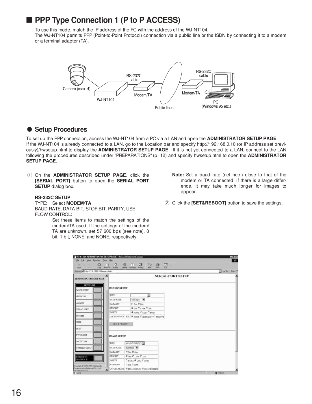 Panasonic WJ-NT104 operating instructions PPP Type Connection 1 P to P Access, Setup Procedures, RS-232C Setup 