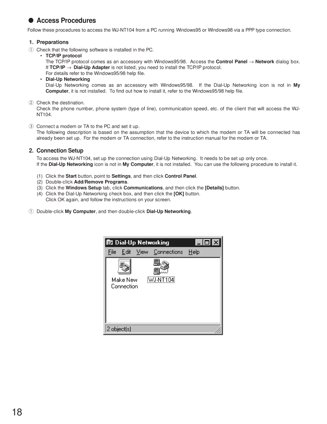 Panasonic WJ-NT104 operating instructions Access Procedures, Connection Setup, TCP/IP protocol, Dial-Up Networking 