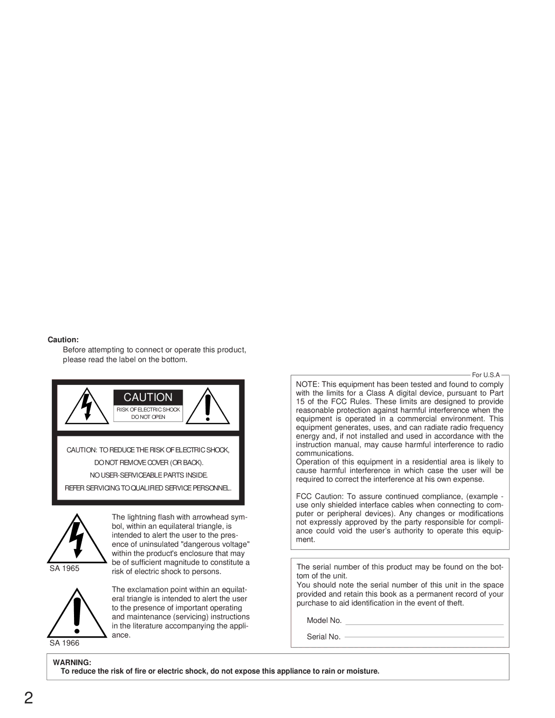 Panasonic WJ-NT104 operating instructions Lightning flash with arrowhead sym 