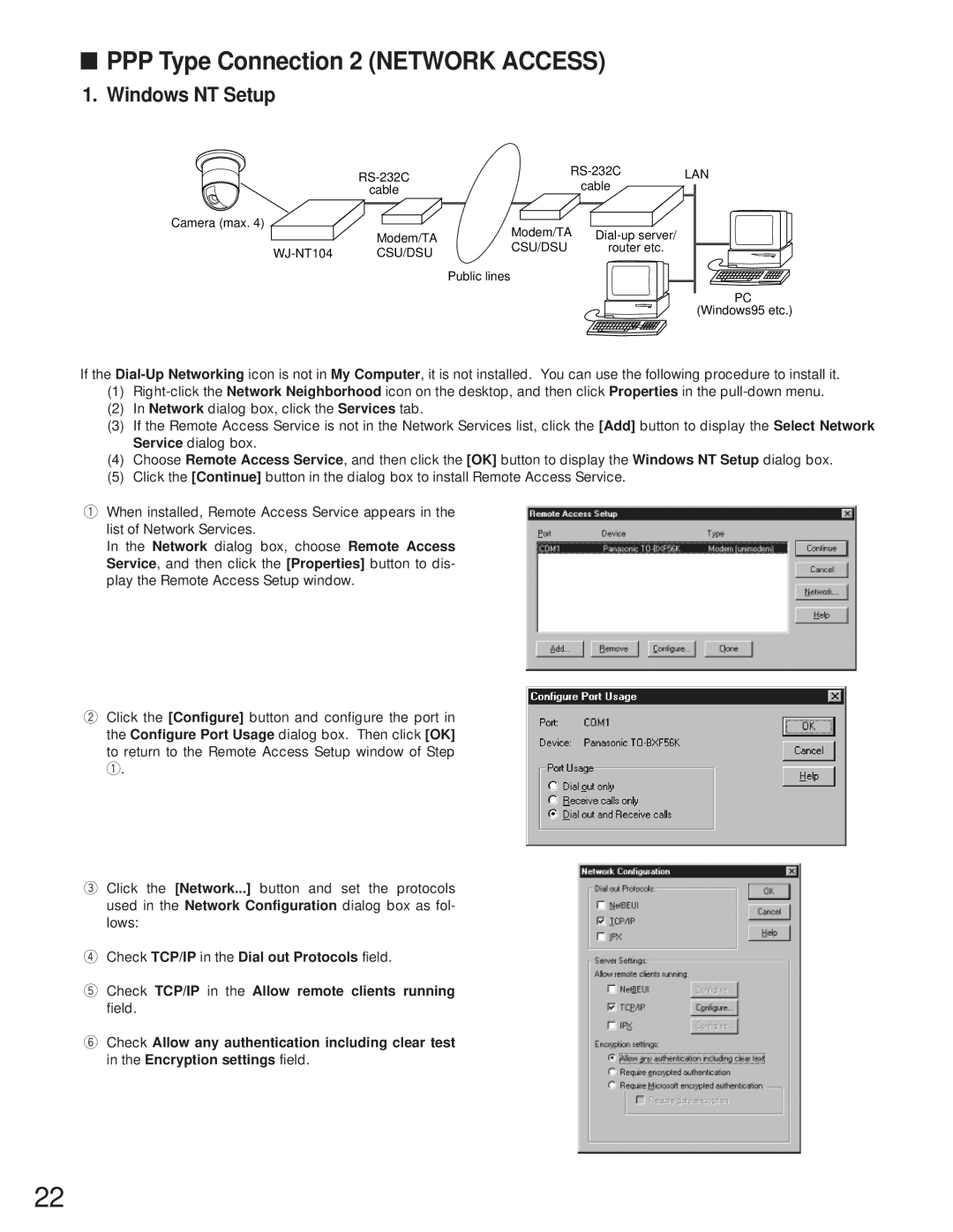 Panasonic WJ-NT104 operating instructions PPP Type Connection 2 Network Access, Windows NT Setup 