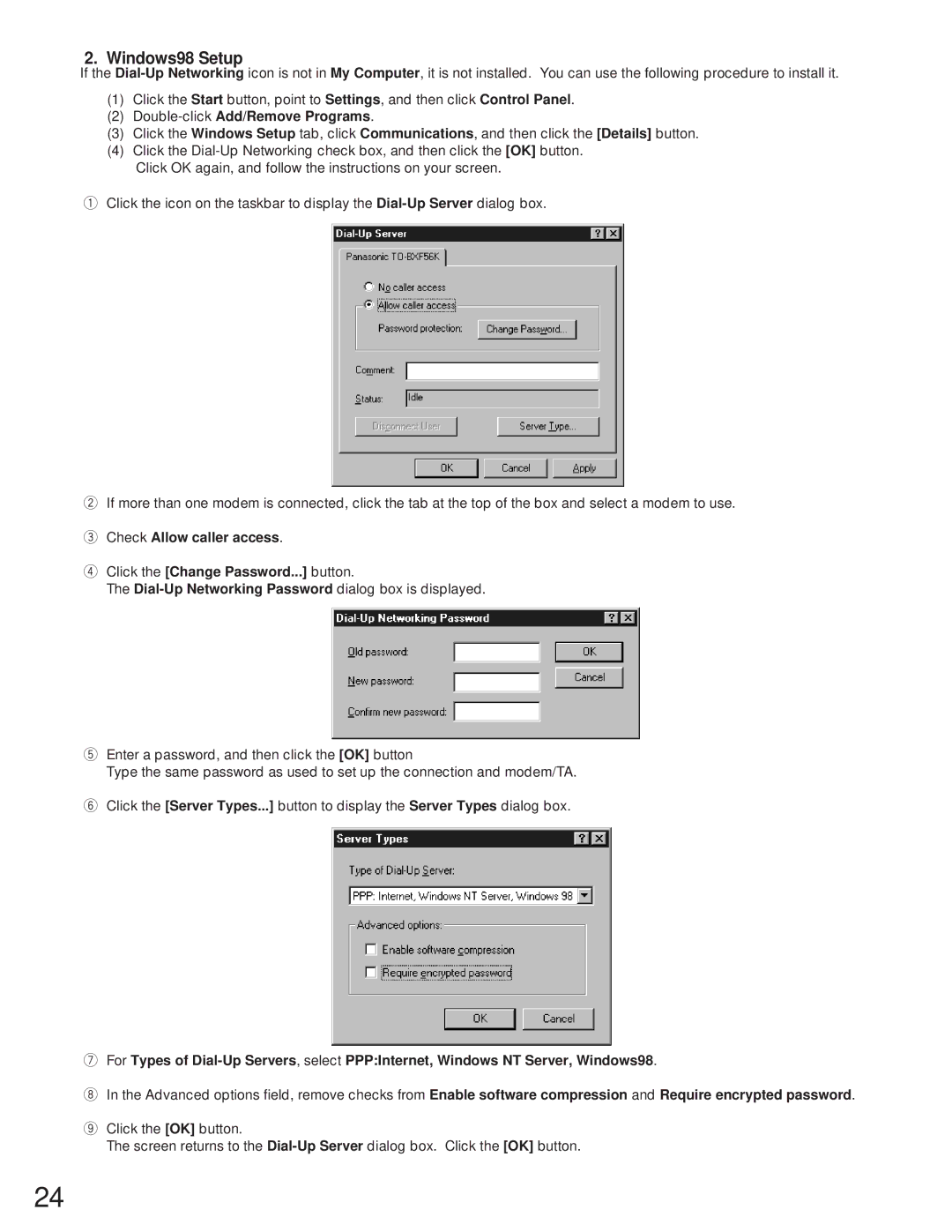 Panasonic WJ-NT104 operating instructions Windows98 Setup, Double-clickAdd/Remove Programs 