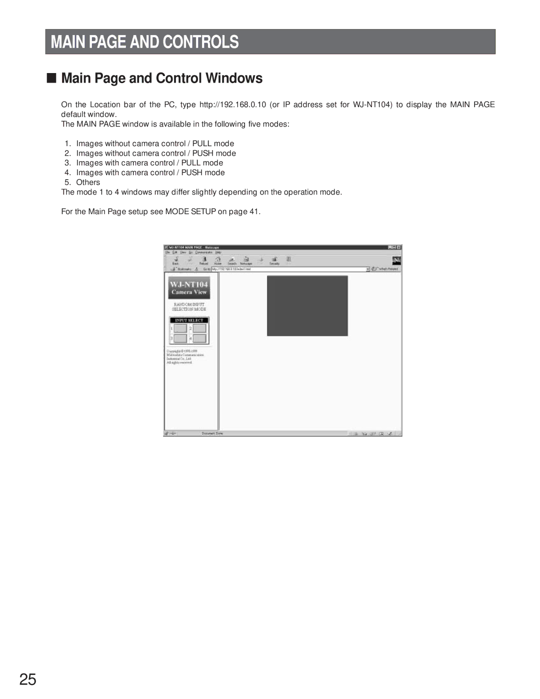 Panasonic WJ-NT104 operating instructions Main page and Controls, Main Page and Control Windows 