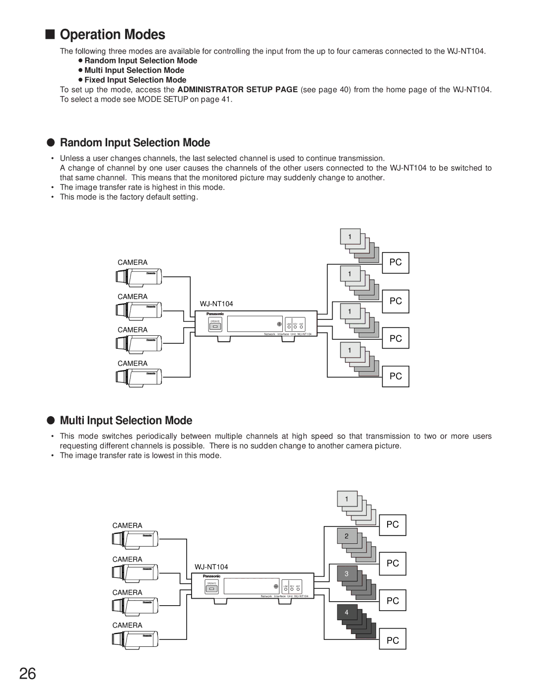 Panasonic WJ-NT104 operating instructions Operation Modes, Random Input Selection Mode, Multi Input Selection Mode 