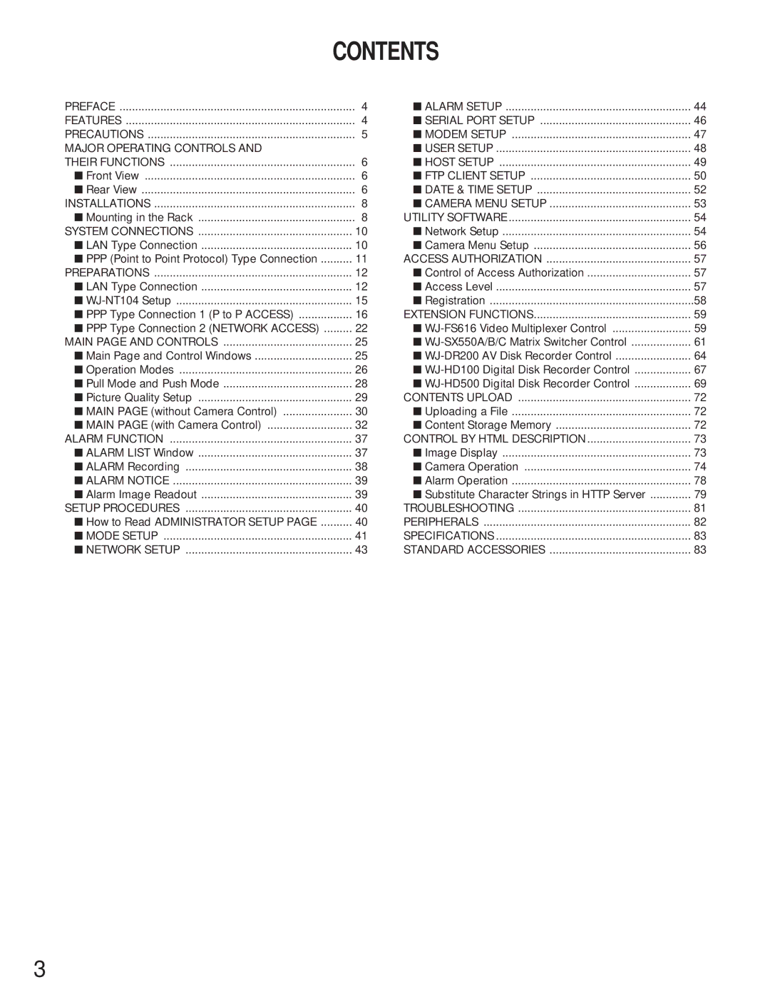 Panasonic WJ-NT104 operating instructions Contents 