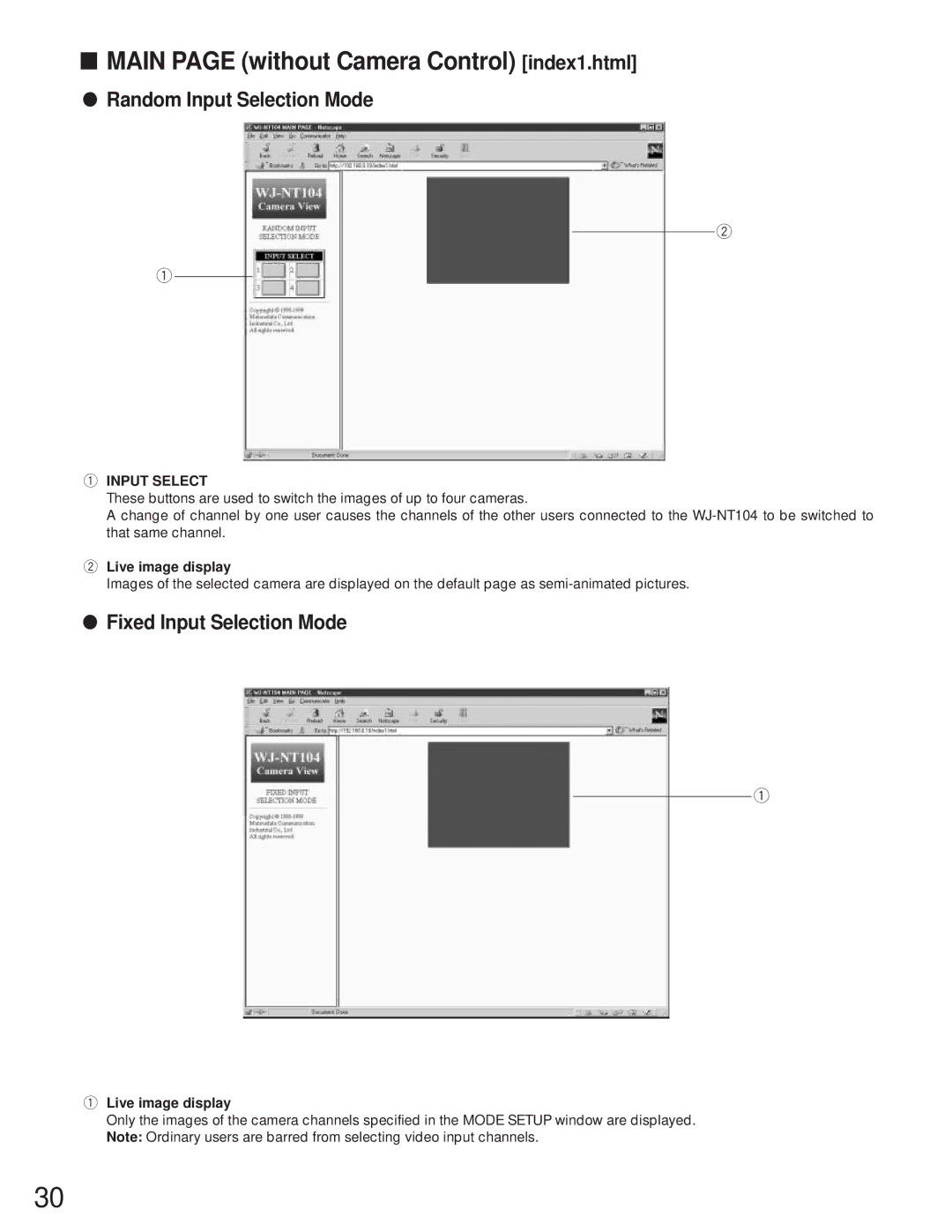 Panasonic WJ-NT104 operating instructions Main page without Camera Control index1.html, Input Select, Live image display 