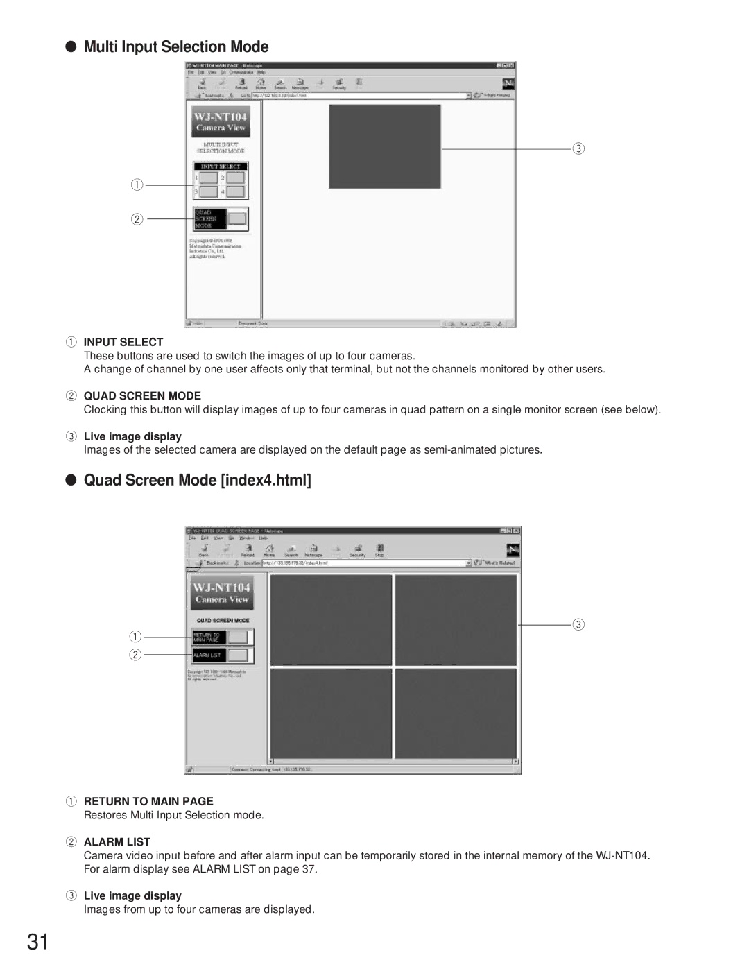 Panasonic WJ-NT104 operating instructions Quad Screen Mode index4.html, Return to Main, Alarm List 