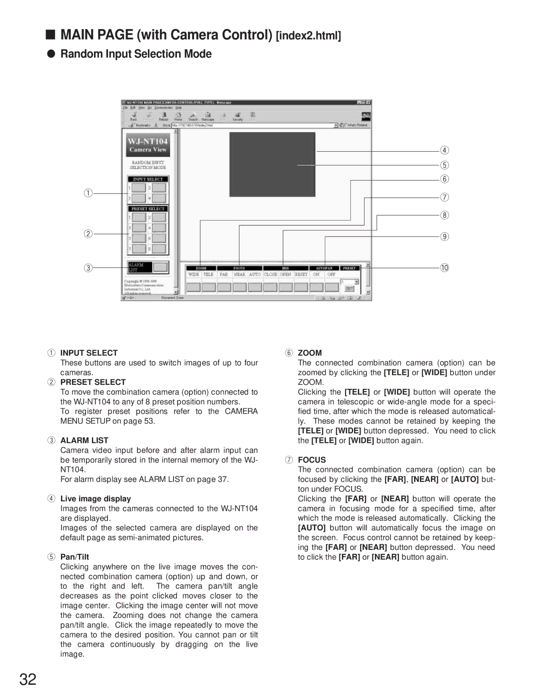 Panasonic WJ-NT104 operating instructions Main page with Camera Control index2.html, Preset Select, Pan/Tilt, Zoom, Focus 