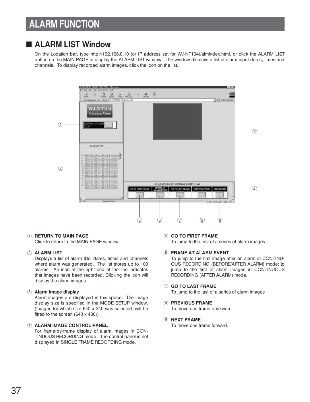 Panasonic WJ-NT104 operating instructions Alarm Function, Alarm List Window 