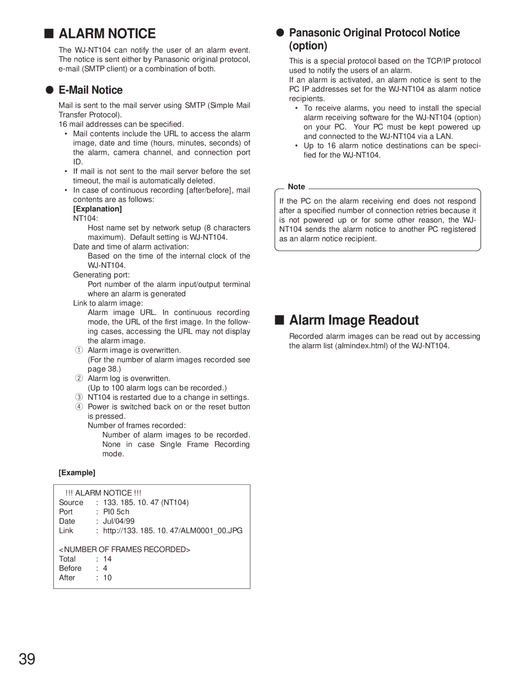 Panasonic WJ-NT104 Alarm Notice, Alarm Image Readout, Mail Notice, Panasonic Original Protocol Notice option 