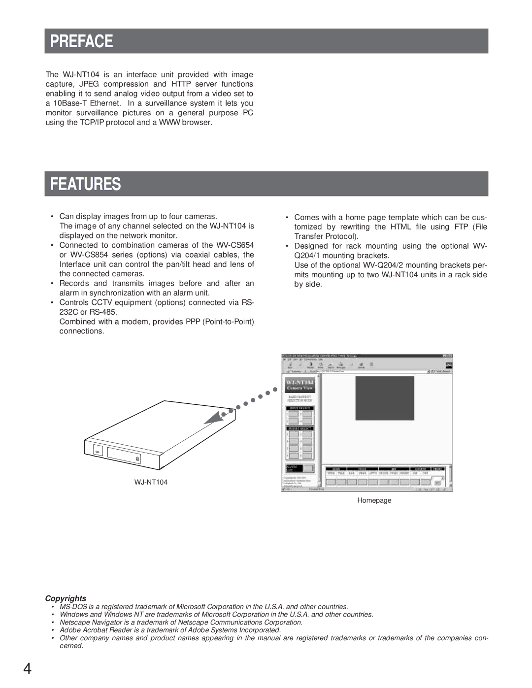 Panasonic WJ-NT104 operating instructions Preface, Features 