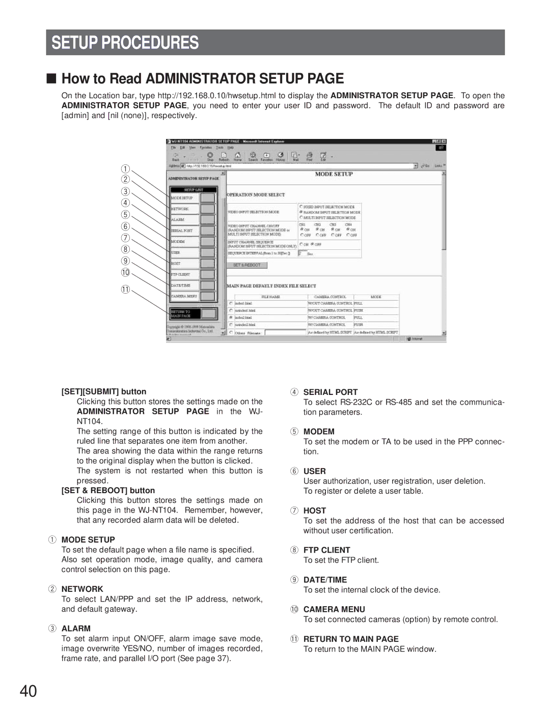 Panasonic WJ-NT104 Setup Procedures, How to Read Administrator Setup, T y u i o !0, 0CAMERA Menu, 1RETURN to Main 