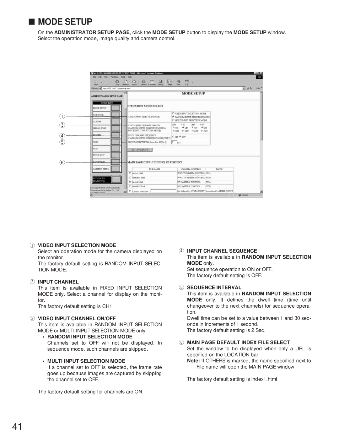 Panasonic WJ-NT104 operating instructions Mode Setup, Random Input Selection Mode, Multi Input Selection Mode 