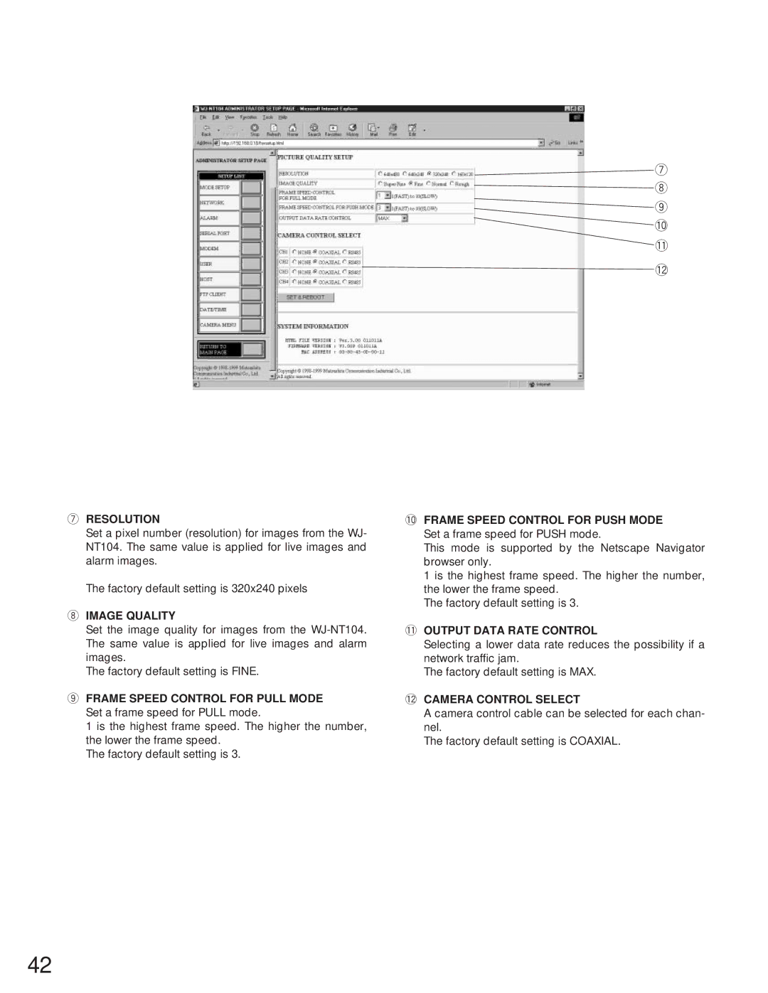 Panasonic WJ-NT104 0 !1, 0FRAME Speed Control for Push Mode, 1OUTPUT Data Rate Control, 2CAMERA Control Select 