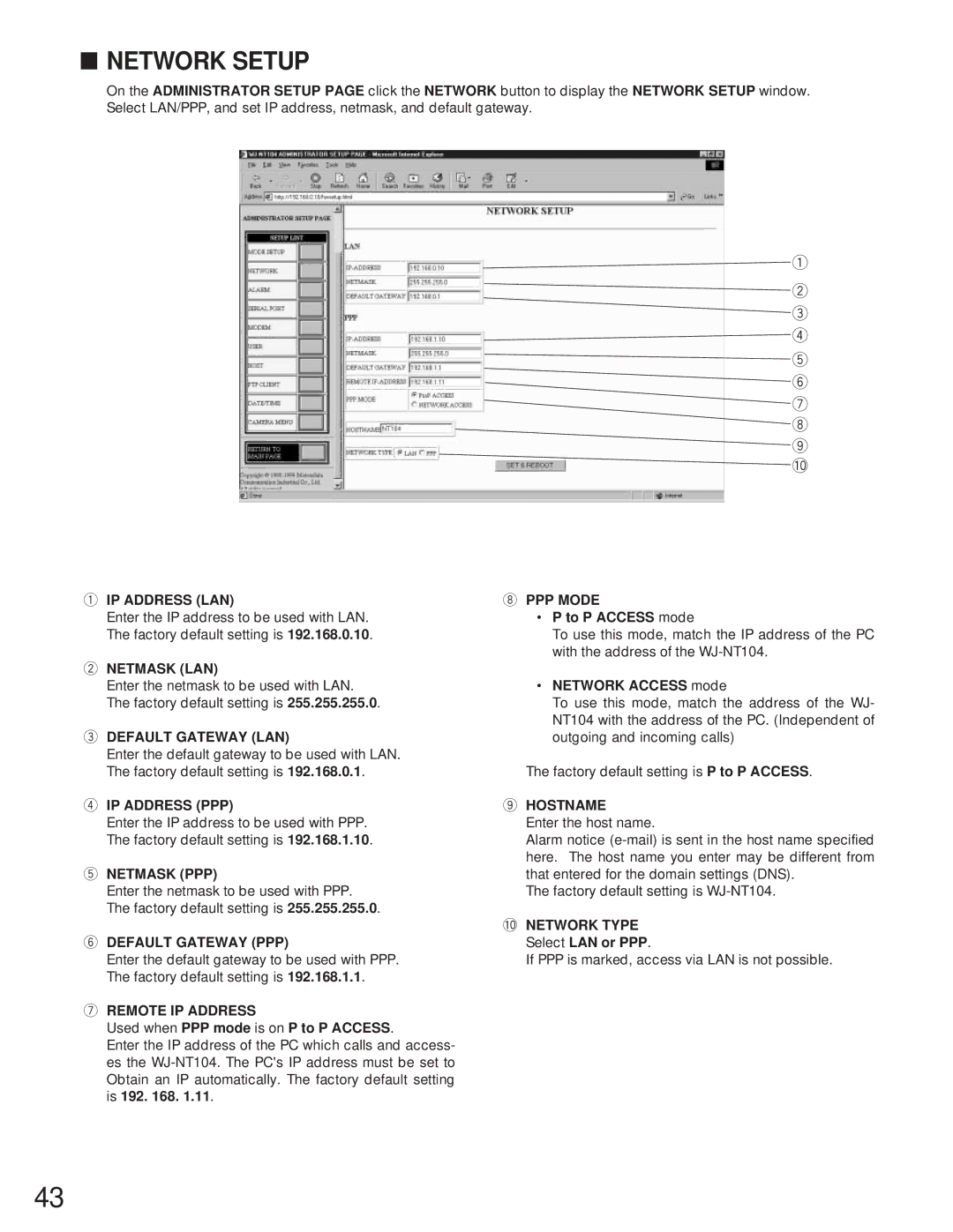 Panasonic WJ-NT104 operating instructions Network Setup, I o !0 