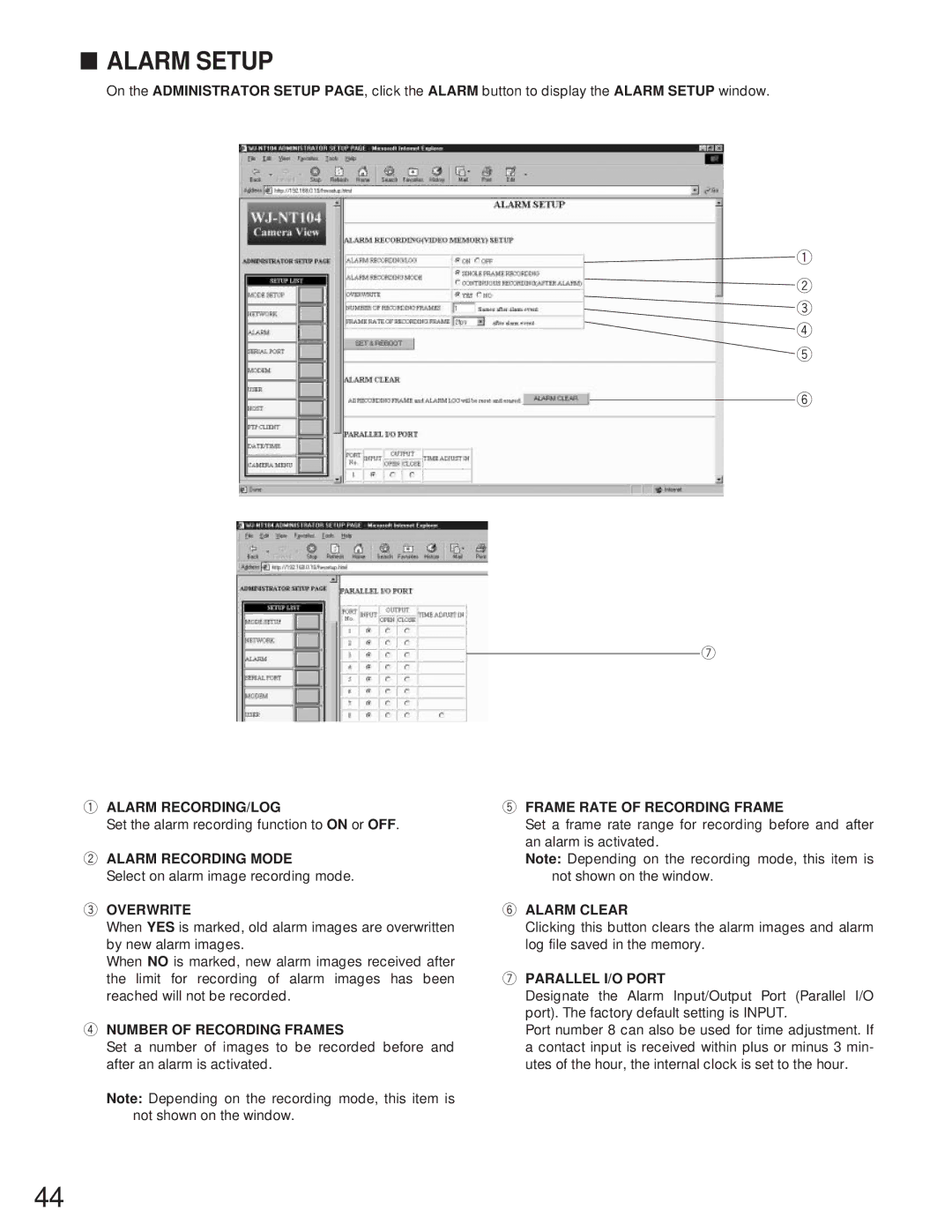 Panasonic WJ-NT104 operating instructions Alarm Setup, R t 