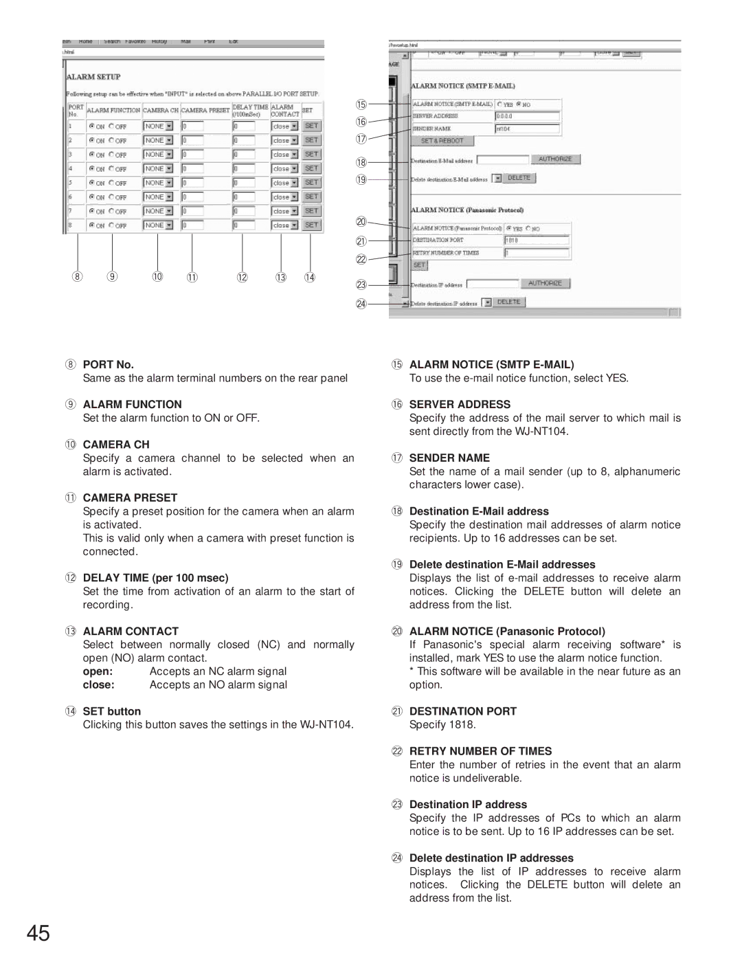 Panasonic WJ-NT104 5ALARM Notice Smtp E-MAIL, 6SERVER Address, 0CAMERA CH, 1CAMERA Preset 7SENDER Name, 3ALARM Contact 