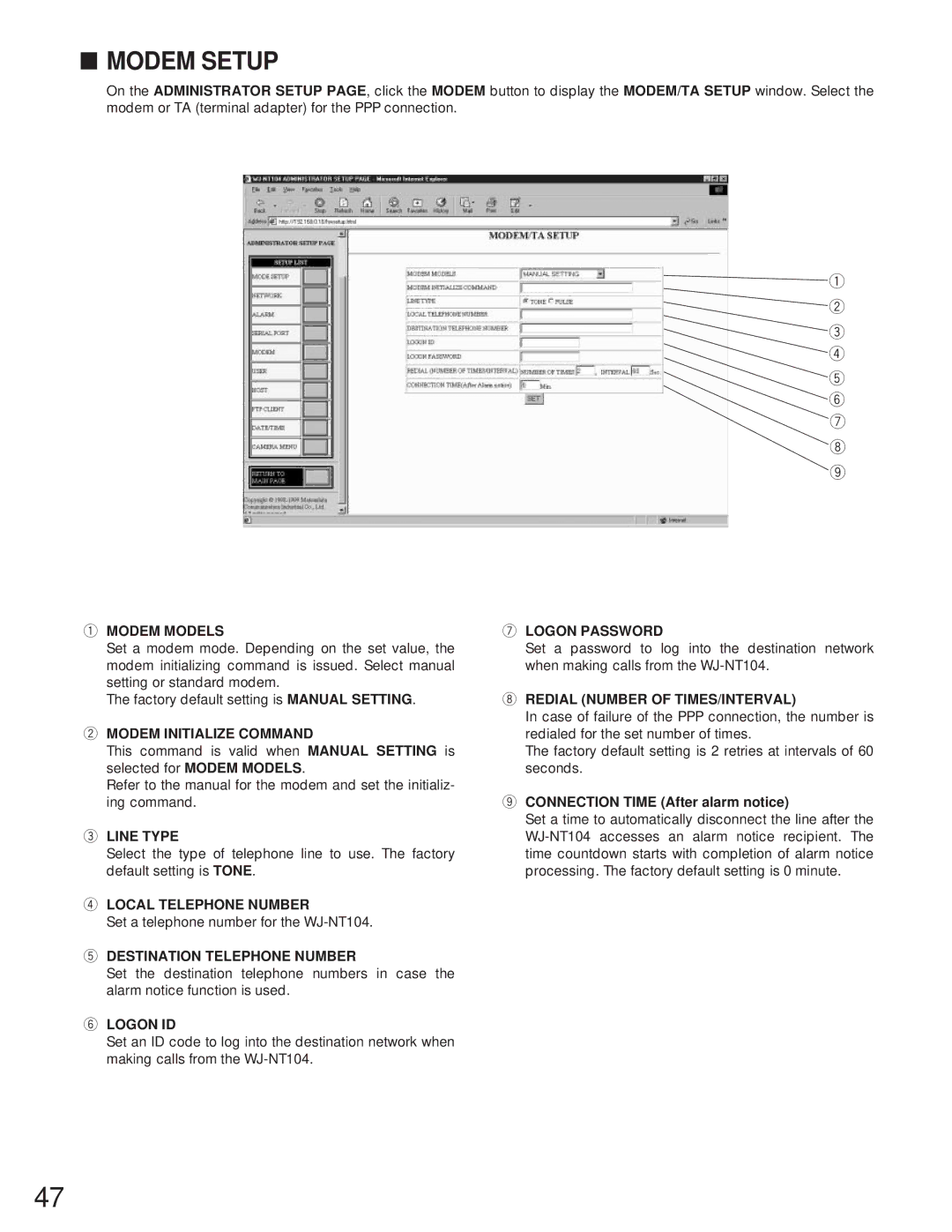 Panasonic WJ-NT104 operating instructions Modem Setup 