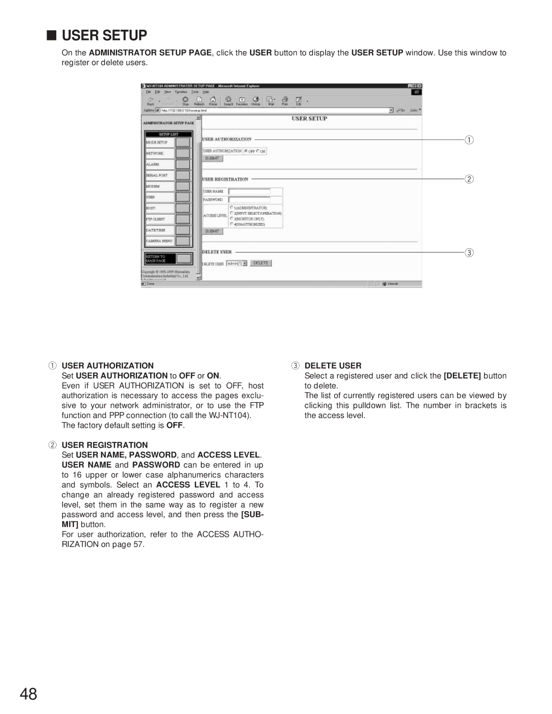 Panasonic WJ-NT104 operating instructions User Setup 