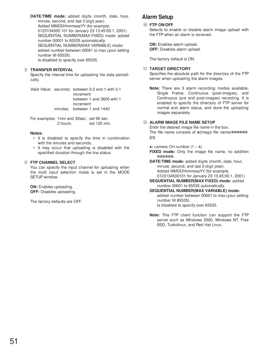 Panasonic WJ-NT104 operating instructions Alarm Setup, 0FTP ON/OFF, 1TARGET Directory, 2ALARM Image File Name Setup 