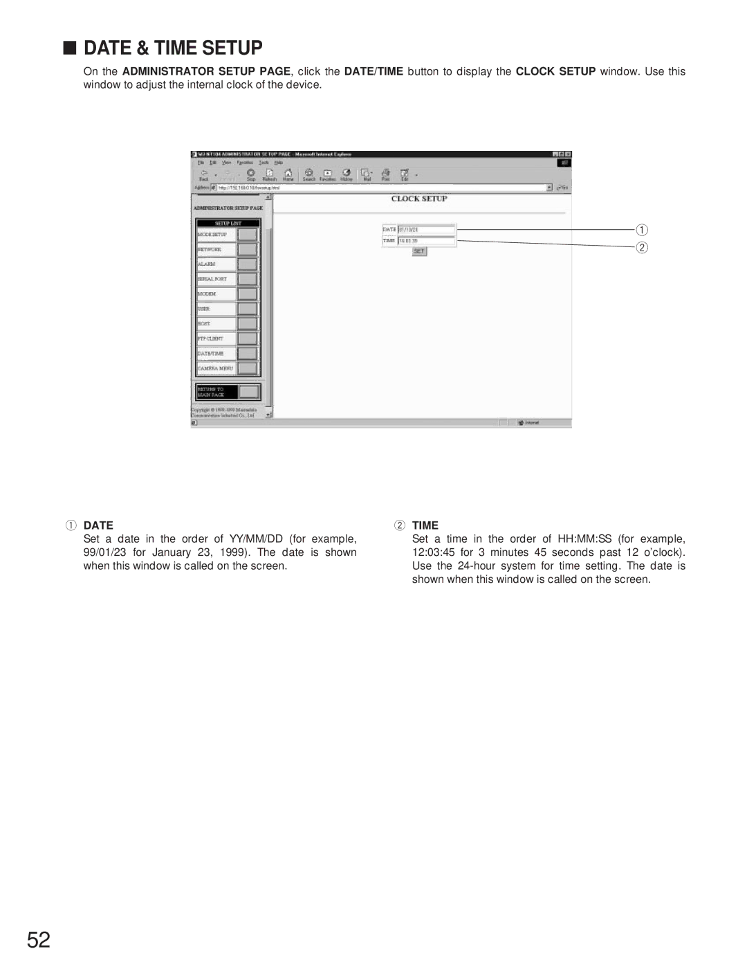 Panasonic WJ-NT104 operating instructions Date & Time Setup 