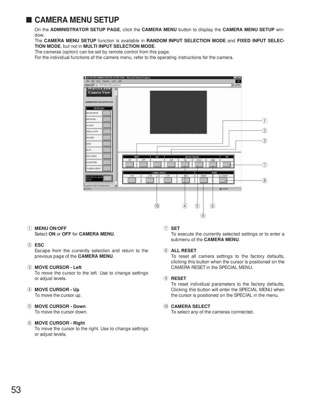 Panasonic WJ-NT104 operating instructions Camera Menu Setup, T y, 0CAMERA Select 