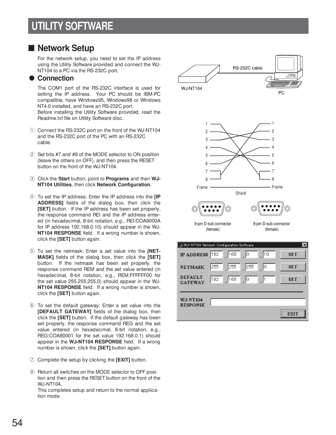 Panasonic WJ-NT104 operating instructions Utility Software, Network Setup, Connection 