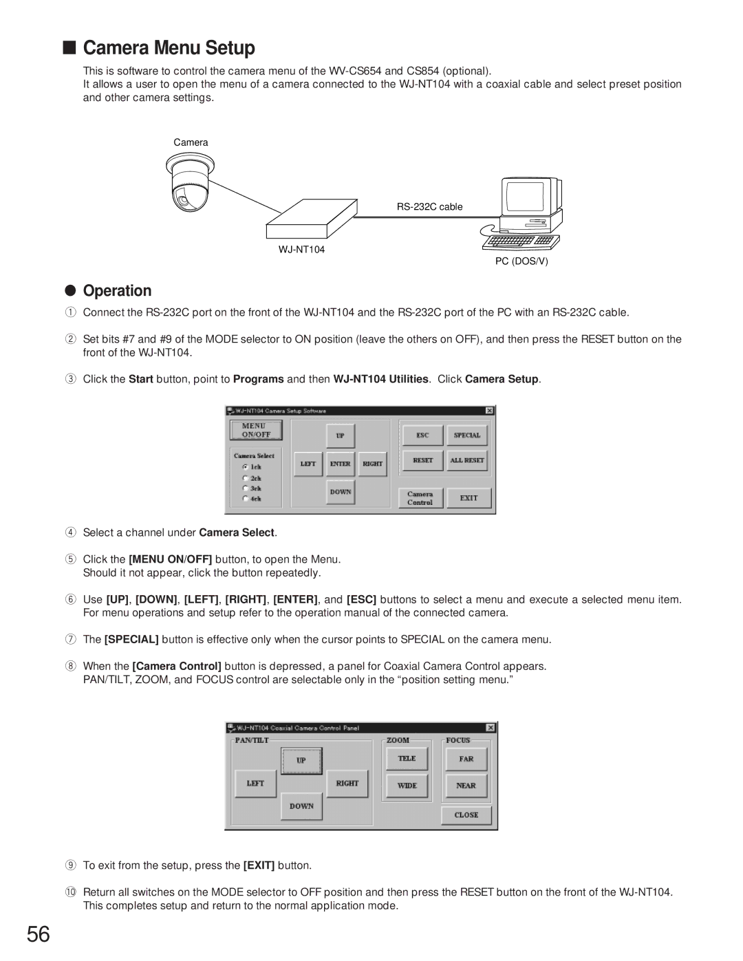 Panasonic WJ-NT104 operating instructions Camera Menu Setup, Operation 