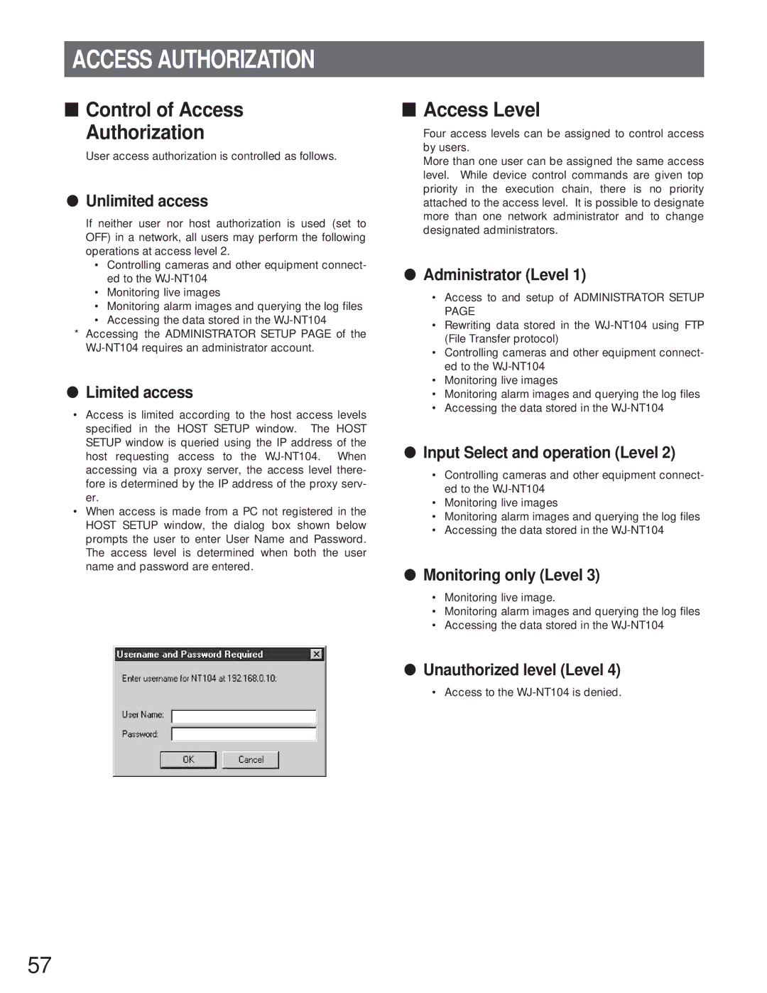 Panasonic WJ-NT104 operating instructions Control of Access Authorization, Access Level 