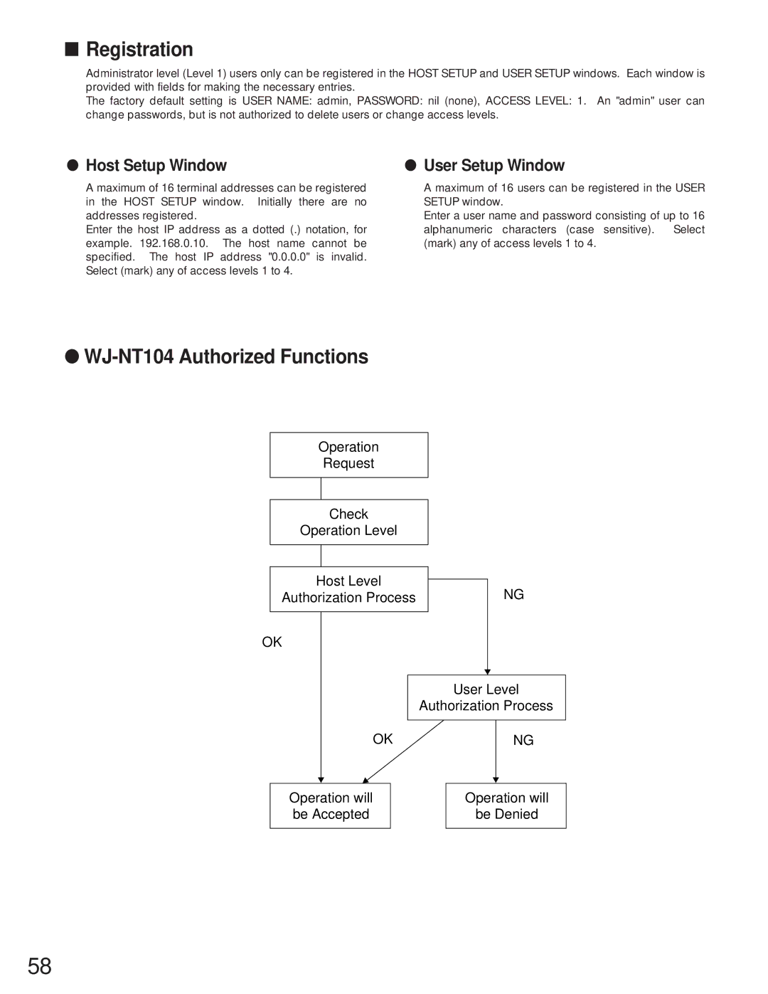 Panasonic operating instructions Registration, WJ-NT104 Authorized Functions, Host Setup Window, User Setup Window 