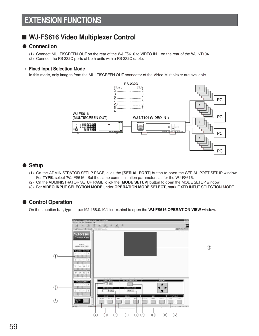 Panasonic WJ-NT104 operating instructions Extension Functions, WJ-FS616 Video Multiplexer Control, Setup, Control Operation 