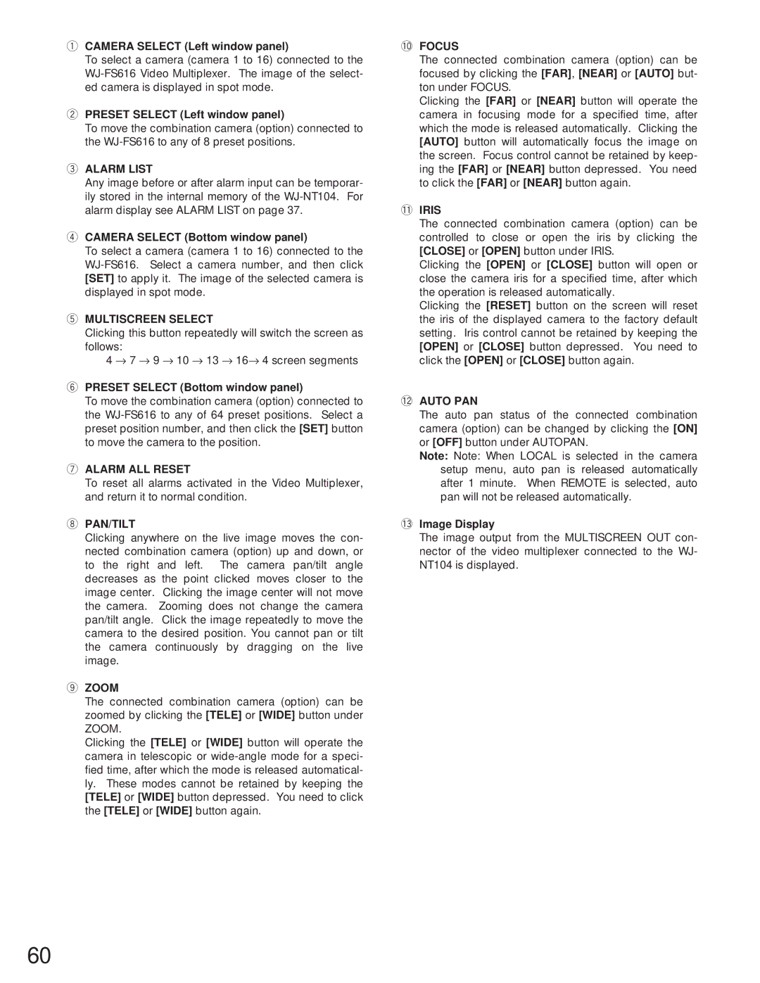 Panasonic WJ-NT104 operating instructions 0FOCUS, 1IRIS, 2AUTO PAN 