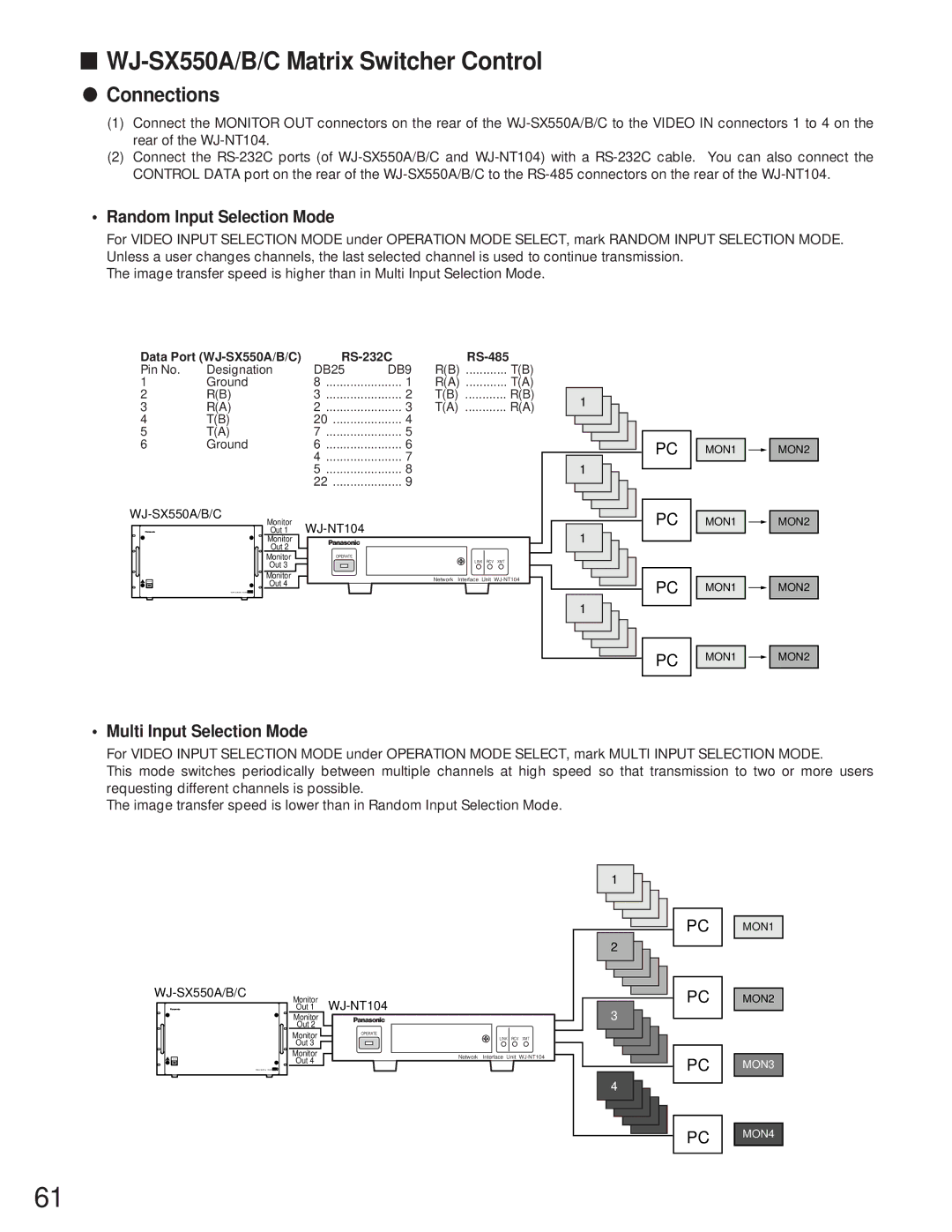 Panasonic WJ-NT104 operating instructions WJ-SX550A/B/C Matrix Switcher Control, Connections, Random Input Selection Mode 