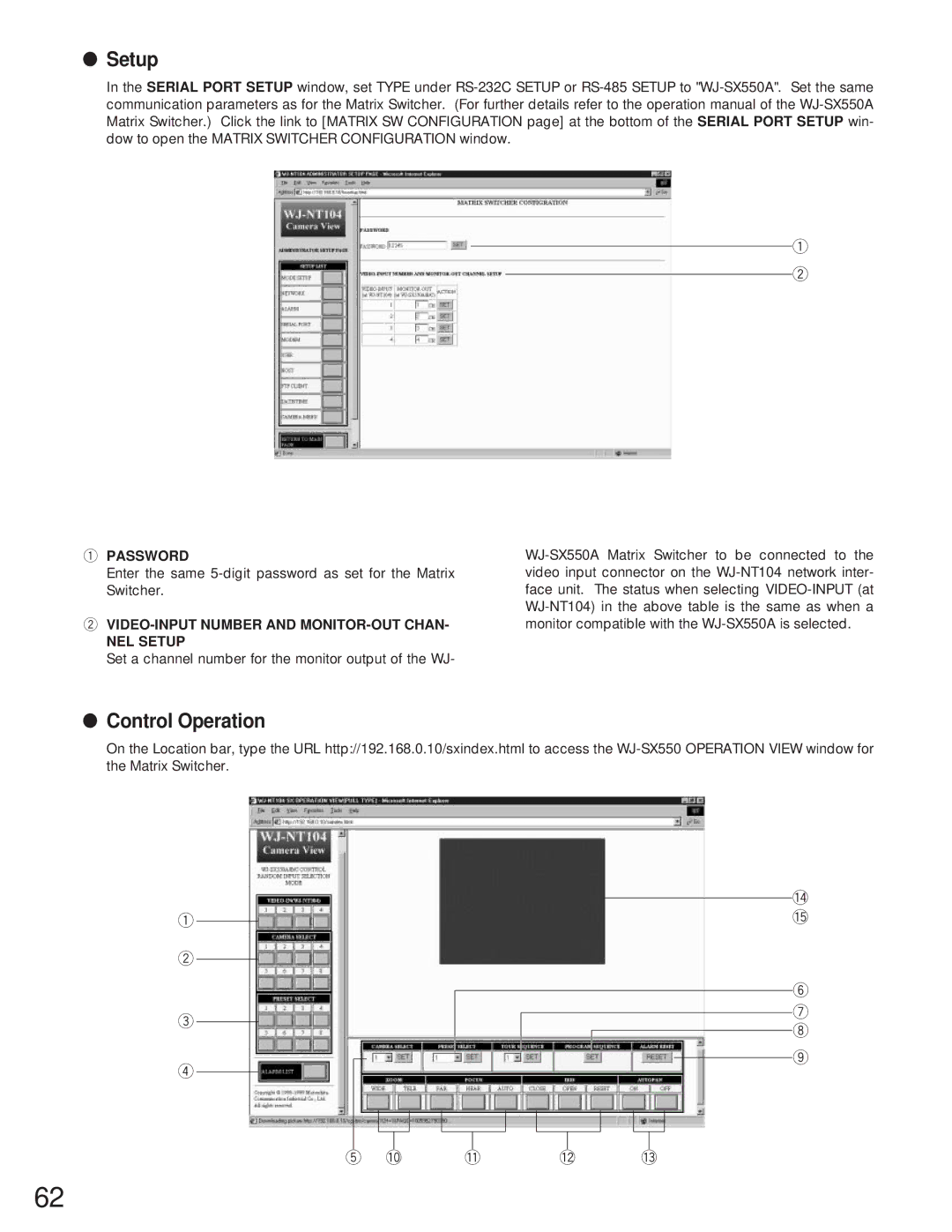 Panasonic WJ-NT104 operating instructions 1 !2 !3, Password, VIDEO-INPUT Number and MONITOR-OUT CHAN- NEL Setup 