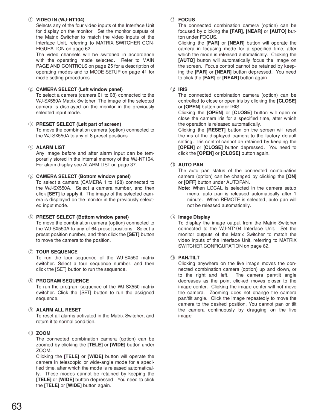 Panasonic WJ-NT104 operating instructions 0ZOOM, 1FOCUS, 2IRIS, 3AUTO PAN, 5PAN/TILT 