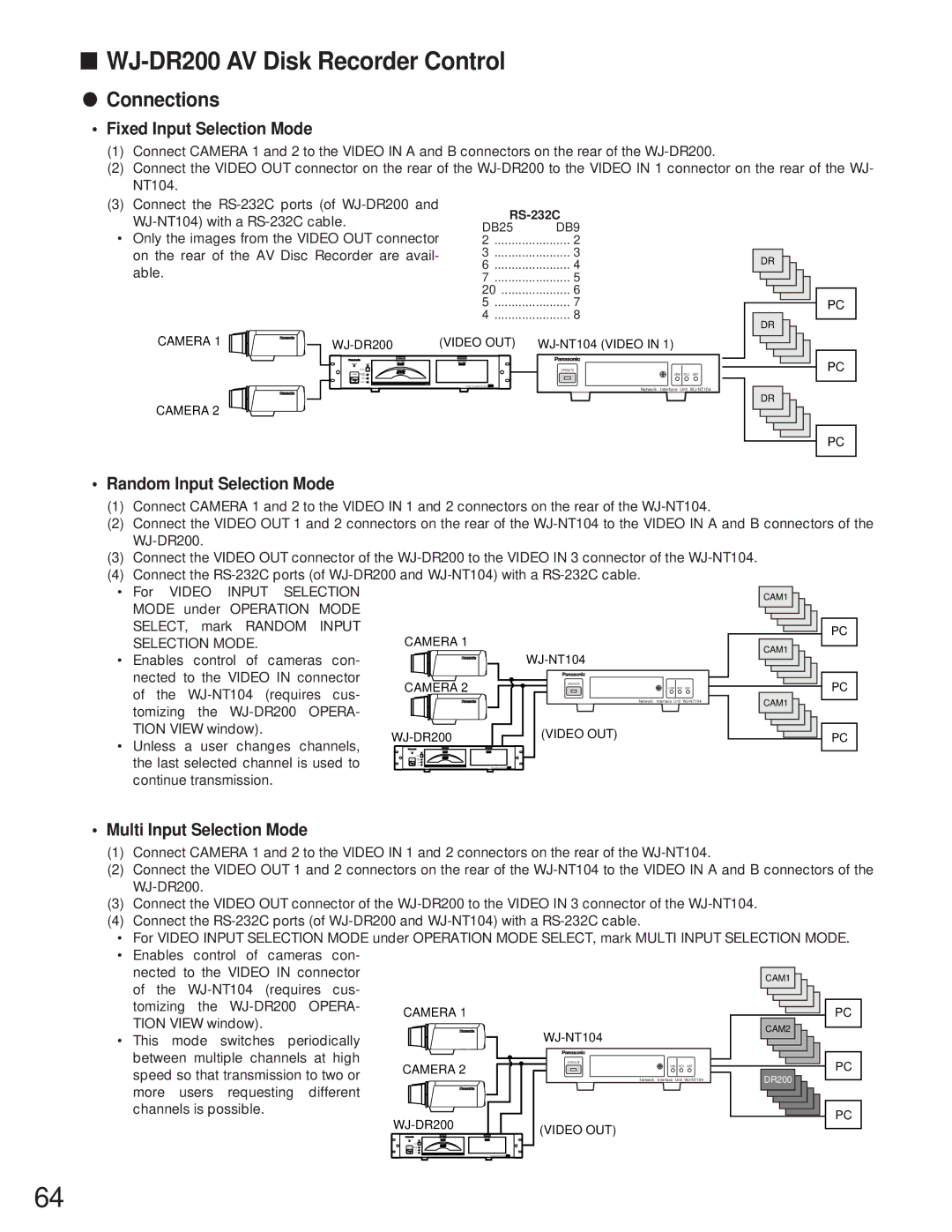 Panasonic WJ-NT104 operating instructions WJ-DR200 AV Disk Recorder Control, Selection Mode 