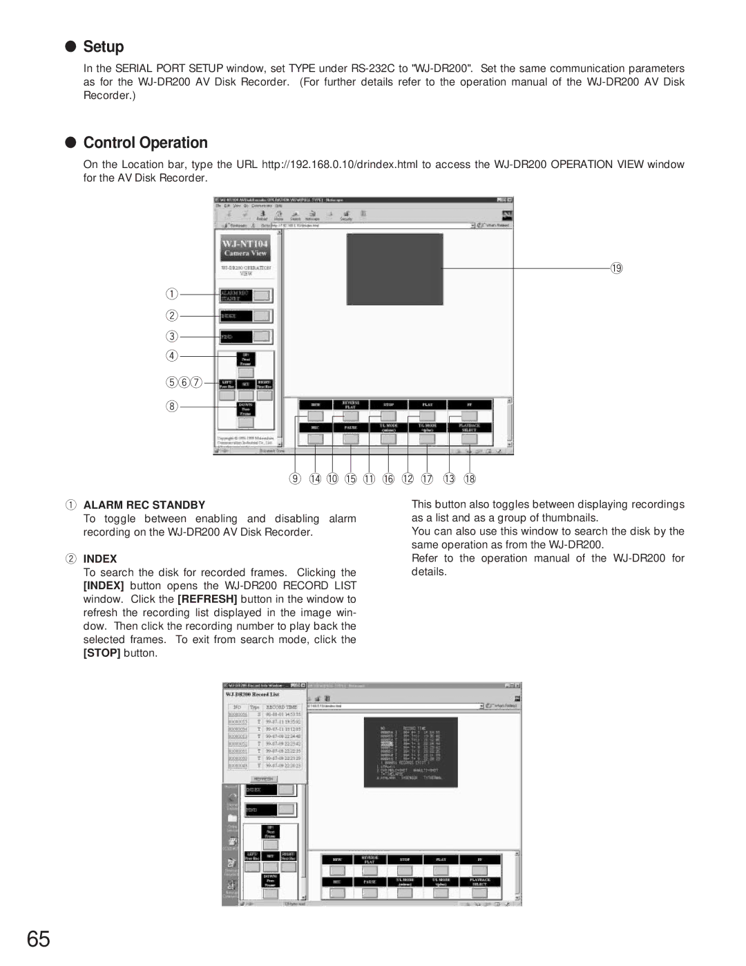 Panasonic WJ-NT104 operating instructions Setup Control Operation, Tyu 0!5!1!6!2!7!3!8, Alarm REC Standby, Index 