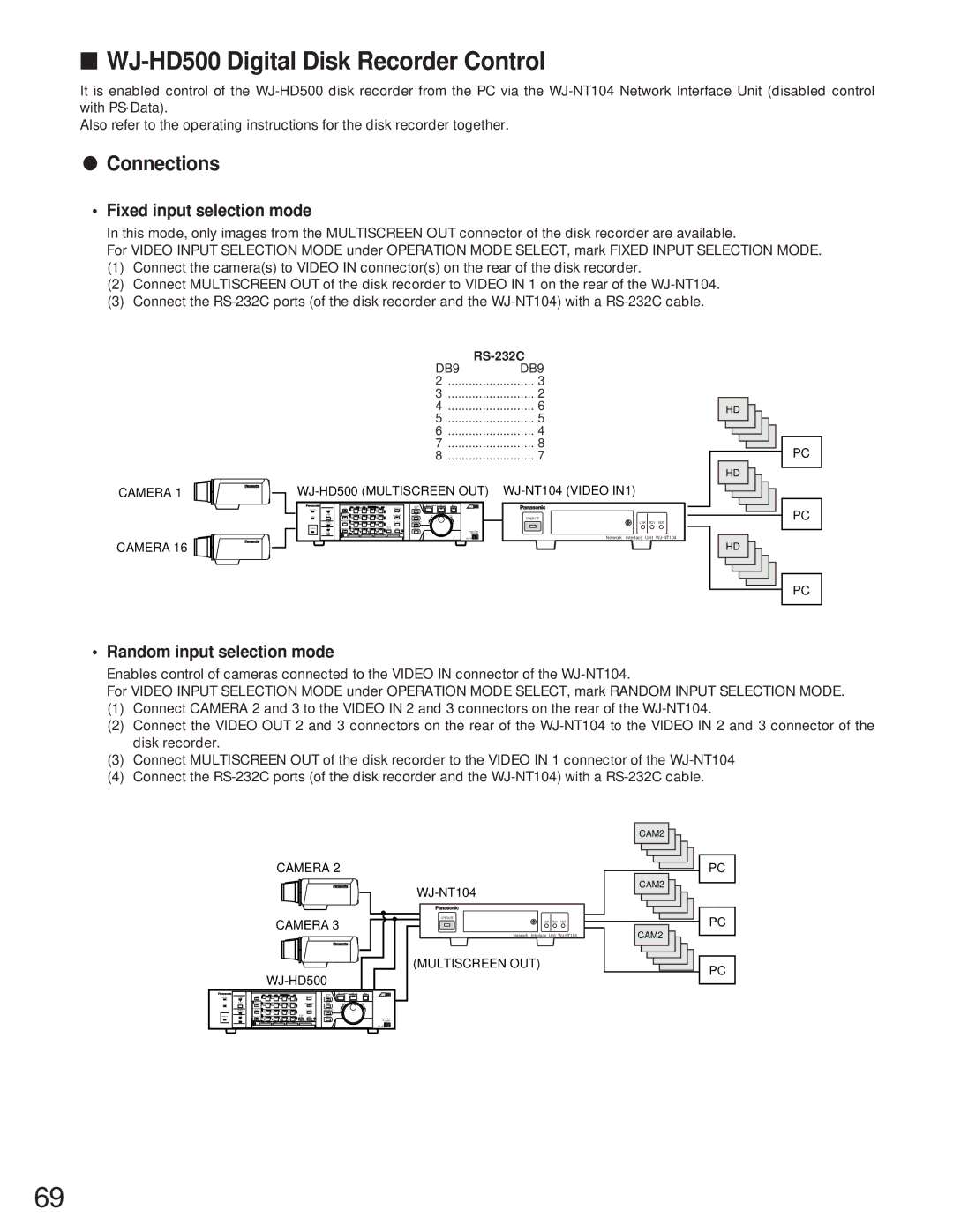 Panasonic WJ-NT104 operating instructions WJ-HD500 Digital Disk Recorder Control, Random input selection mode 