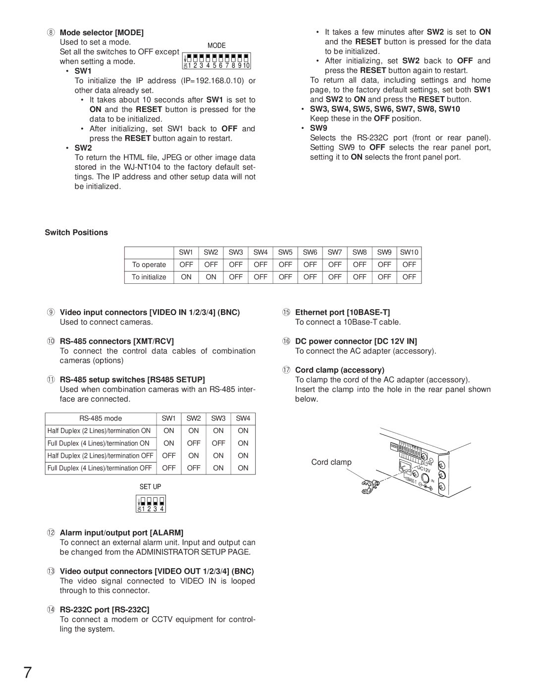 Panasonic WJ-NT104 Mode selector Mode, SW1, SW2, Switch Positions, 1RS-485 setup switches RS485 Setup 