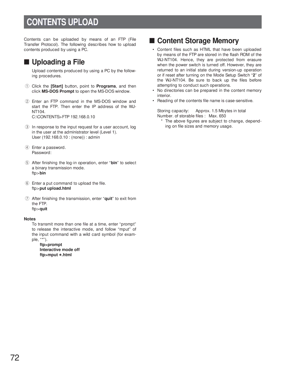 Panasonic WJ-NT104 operating instructions Contents Upload 