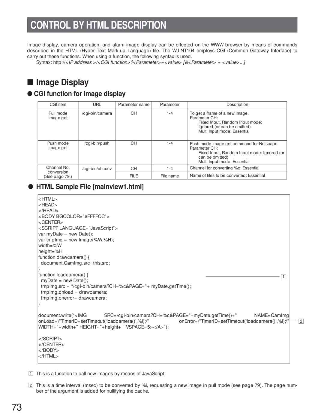 Panasonic WJ-NT104 operating instructions Control by Html Description, Image Display, CGI function for image display 