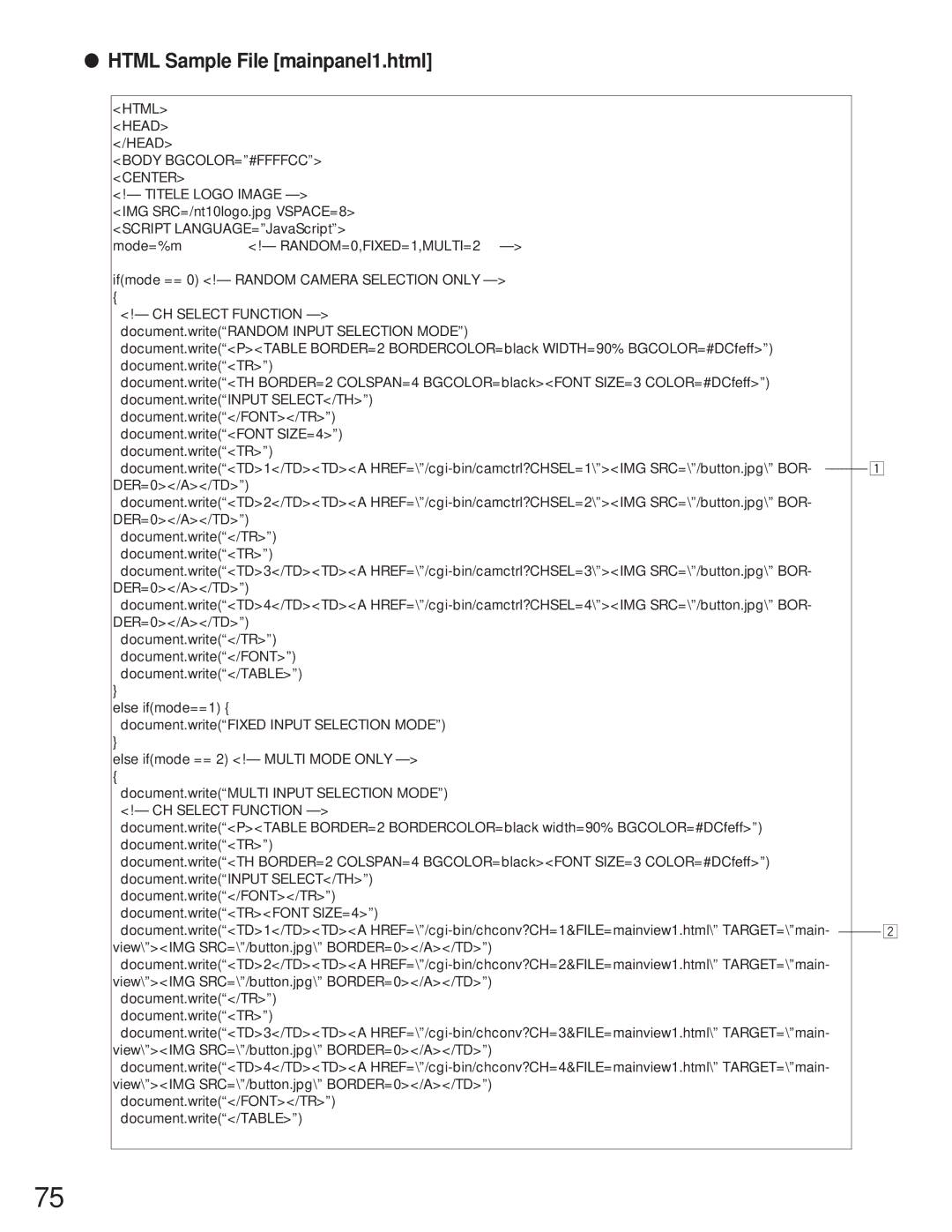 Panasonic WJ-NT104 Html Sample File mainpanel1.html, Html Head Body BGCOLOR=#FFFFCC Center Titele Logo Image 