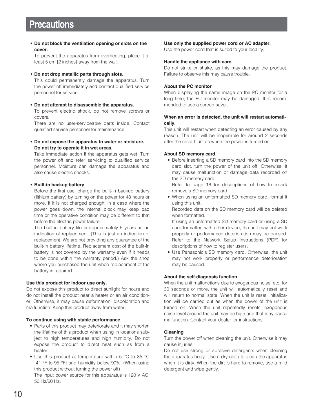 Panasonic WJ-NT304 operating instructions Precautions 