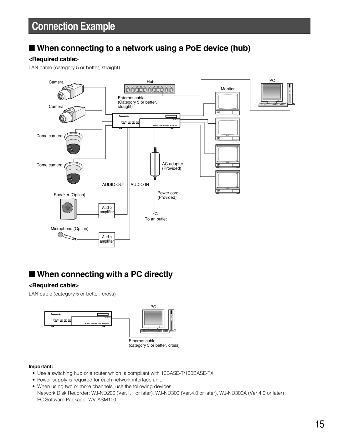 Panasonic WJ-NT304 operating instructions Connection Example, When connecting to a network using a PoE device hub 