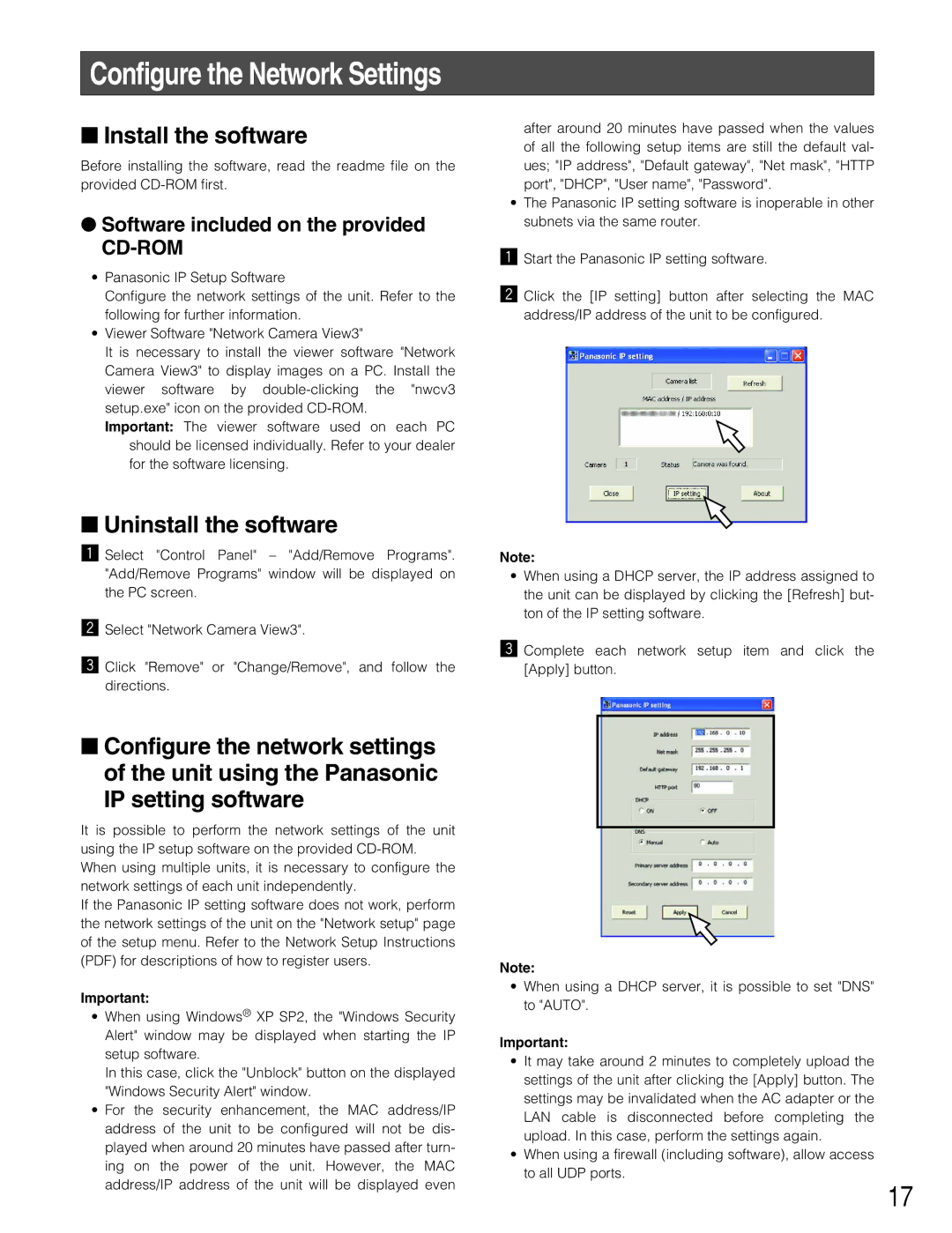 Panasonic WJ-NT304 operating instructions Configure the Network Settings, Install the software, Uninstall the software 