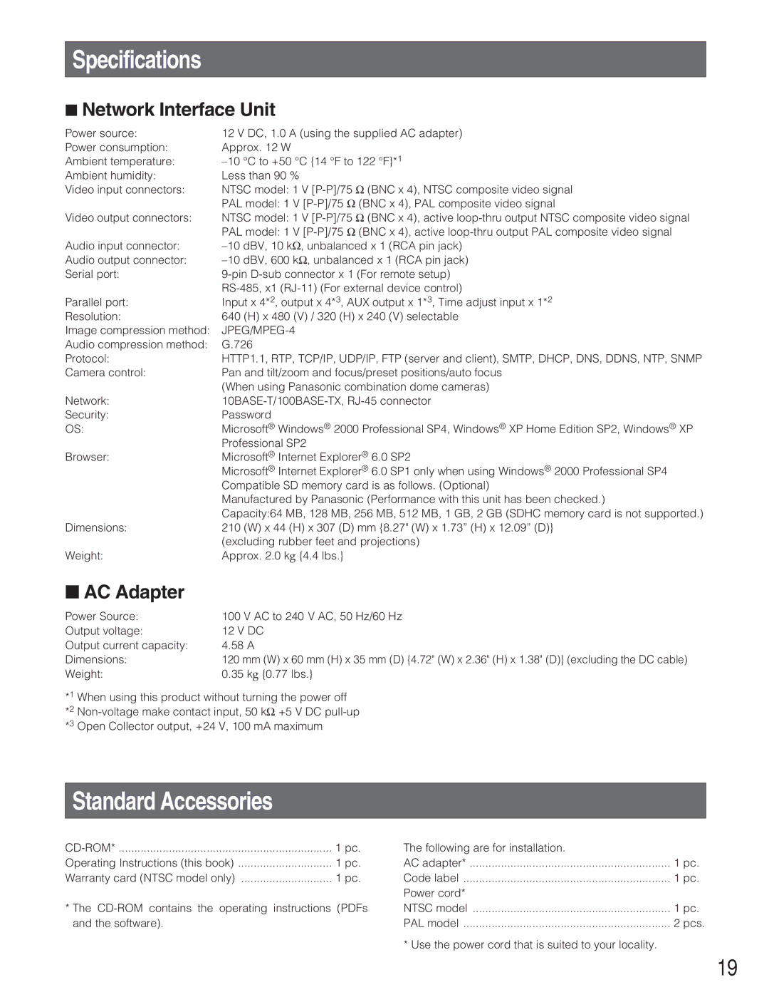 Panasonic WJ-NT304 operating instructions Specifications, Standard Accessories, Network Interface Unit, AC Adapter 